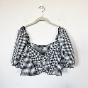 [Primark] Black White Gingham Puff Sleeve Off The Shoulder Ruched Crop Top Sz 14